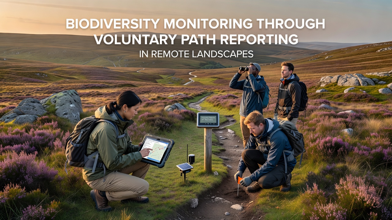 Close-up of a field researcher logging biodiversity observations on a digital device along a remote trail