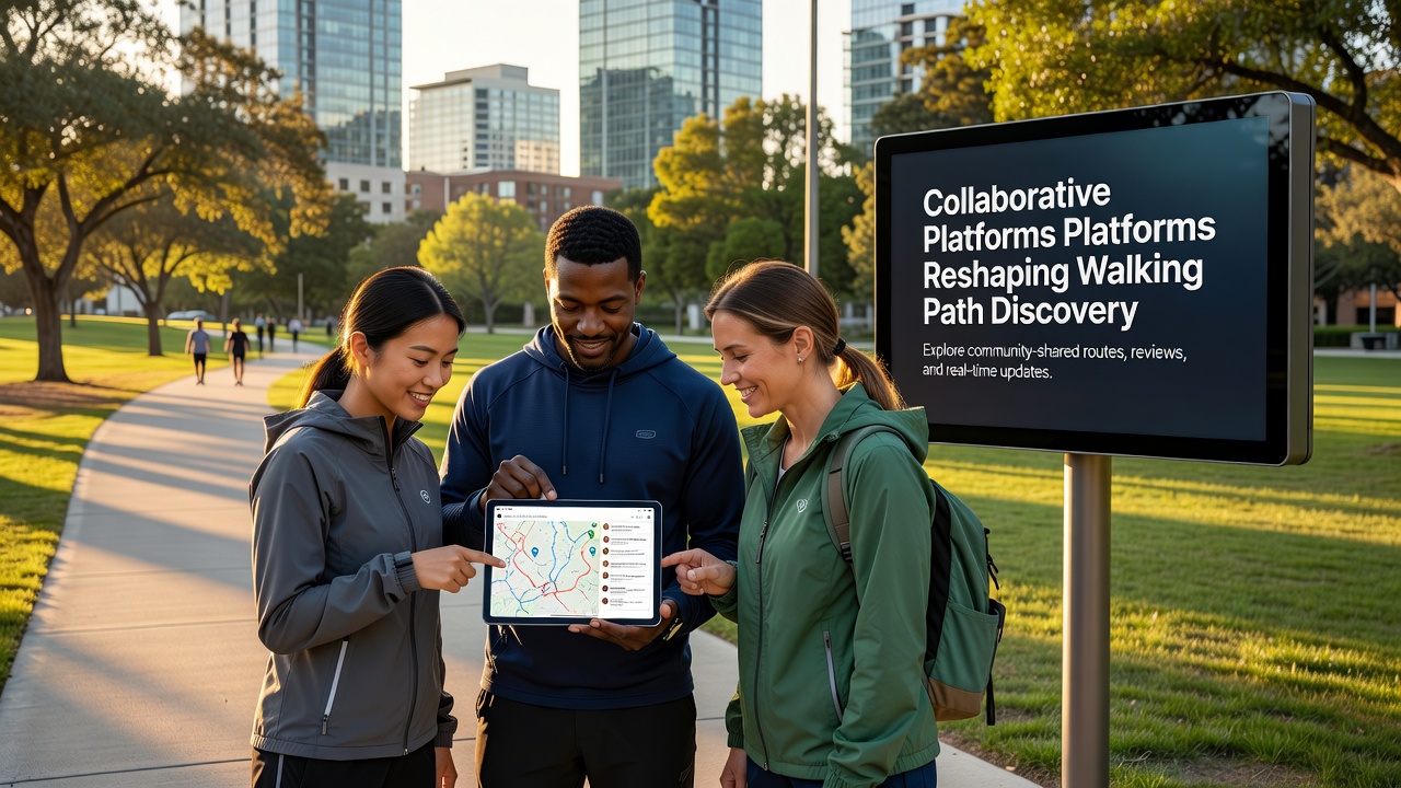 Group of hikers reviewing a collaborative trail app while standing on a scenic overlook