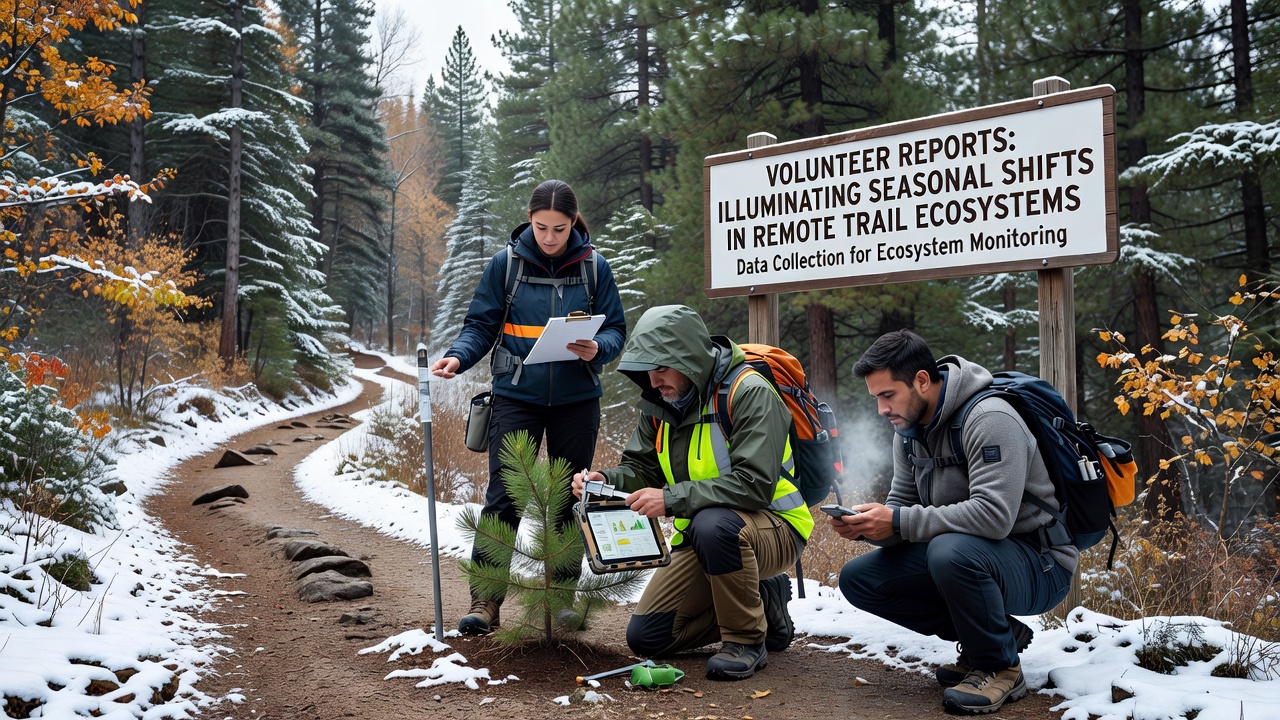 Detailed view of seasonal trail ecosystem changes captured through volunteer photography and notes in a forested remote area